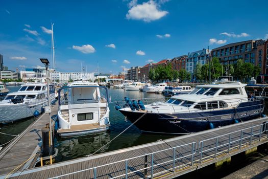 Yachts and boats moored in Willemdock in Antwerp. View of Bonapartedok harbor. Antwerpen, Belgium, Europe, Flanders