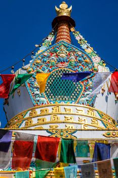 Buddhist gompa with prayer flags. Tabo monastry, Tabo, Spiti Valley, Himachal Pradesh, India