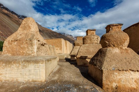 Buddhist Tabo monastery building and gompas made of clay in Tabo village Spiti Valley. Monastery is built on high Himalaya plato in tradition of Tibetan Buddhism religion. Himachal Pradesh, India