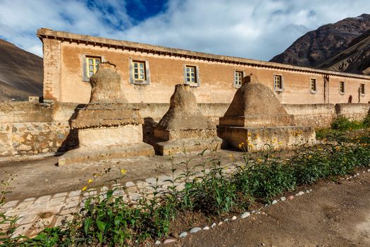 Buddhist Tabo monastery building and gompas made of clay in Tabo village Spiti Valley. Monastery is built on high Himalaya plato in tradition of Tibetan Buddhism religion. Himachal Pradesh, India