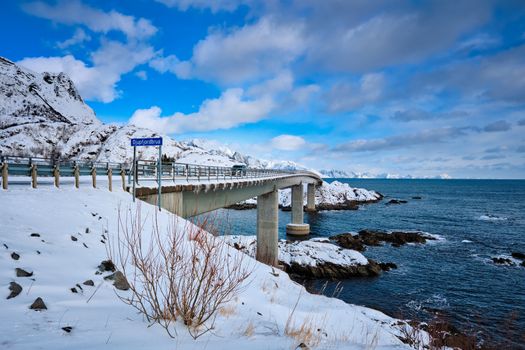 Djupfjordbrua Djupfjord Bridge over the fjord in winter. Moskenes, Nordland, Lofoten islands, Norway