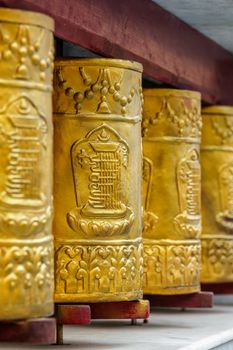 Prayer wheels in Tabo Monastery. Tabo, Spiti Valley, Himachal Pradesh, India