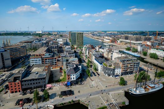 Aerial view of Antwerp city with port crane in cargo terminal. Antwerpen, Belgium. Benelux