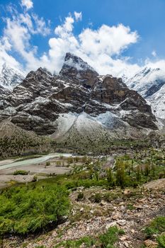 Himalayan landscape scenery in Lahaul valley in Himalayas with snowcapped mountains. Himachal Pradesh, India