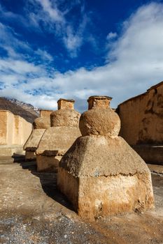 Buddhist gompas temple made of clay in Tabo village Spiti Valley. Clay gompa is built high in Himalaya on territory of monastery in tradition of Tibetan Buddhism religion. Himachal Pradesh, India