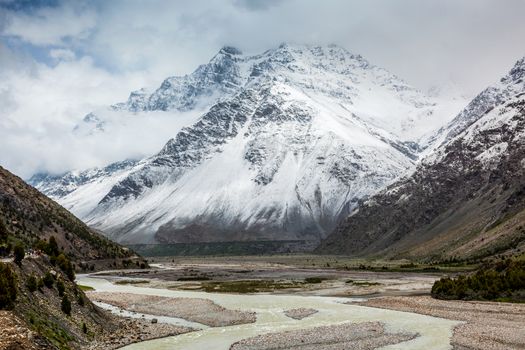 Himalayan landscape scenery in Lahaul valley in Himalayas with snowcapped mountains. Himachal Pradesh, India