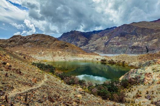 Lohan Tso mountain lake - sacred holy Tibetan buddhist buddhism piligrimage site. Nubra valley, Ladakh, India