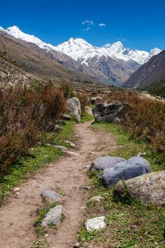 Old trade route in Himalaya surrounded with stones to Tibet from Chitkul village from Sangla Valley. Himachal Pradesh, India