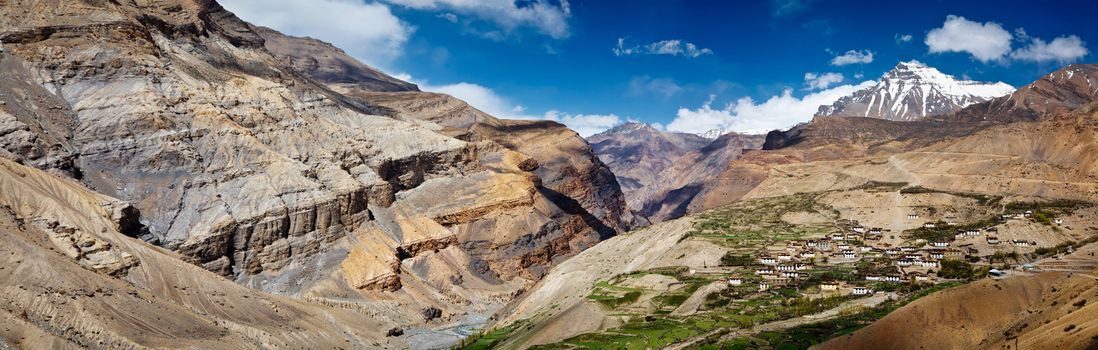 Panorama of Spiti valley and Kibber village himalayan landscape scenery in Himalayas. Spiti valley, Himachal Pradesh, India