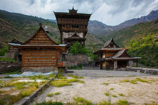 Sangla Fort - Hindu Temple. Sangla, Himachal Pradesh, India. Traditional architecture of Himachal Pradesh - layers of woods are alternated with broken stones