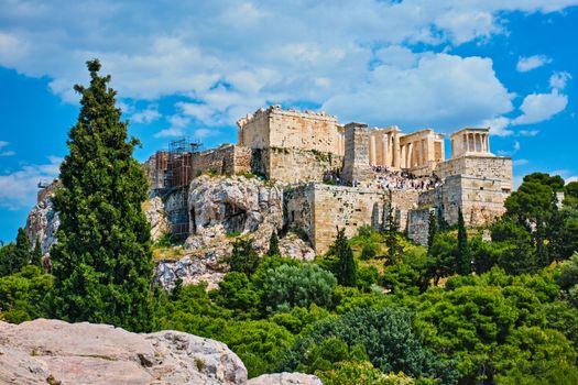 Famous greek tourist landmark - the iconic Parthenon Temple at the Acropolis of Athens as seen from Philopappos Hill, Athens, Greece