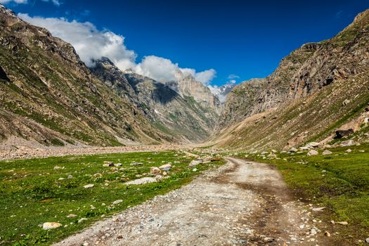 Dirt road in Himalayas. Lahaul valley, Himachal Pradesh, India