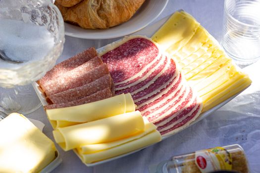 Sausage and cheese sliced on a plate. Laid table.