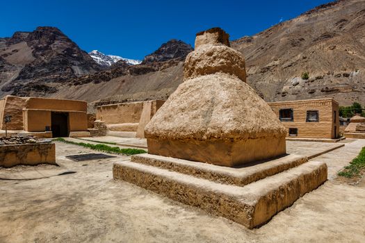 Buddhist Tabo monastery building and gompas made of clay in Tabo village Spiti Valley. Monastery is built on high Himalayan plateau in tradition of Tibetan Buddhism religion. Himachal Pradesh, India