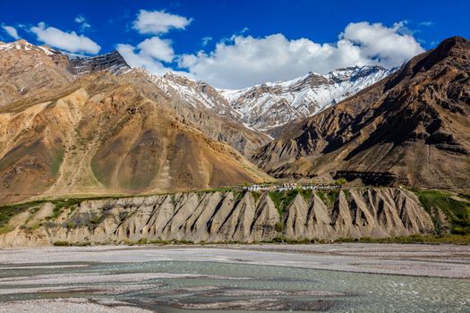 Small sparsely populated village with residental houses in Himalayas mountains. Pin Valley, Himachal Pradesh, India