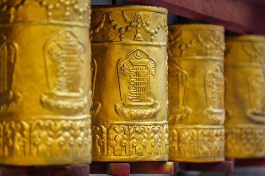 Prayer wheels in Tabo Monastery. Tabo, Spiti Valley, Himachal Pradesh, India