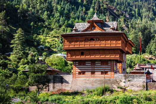 Bhimakali Temple dedicated to the mother goddess Bhimakali, Sarahan, Kinnaur, Himachal Pradesh, India. Traditional architecture of Himachal Pradesh - layers of woods are alternated with broken stones