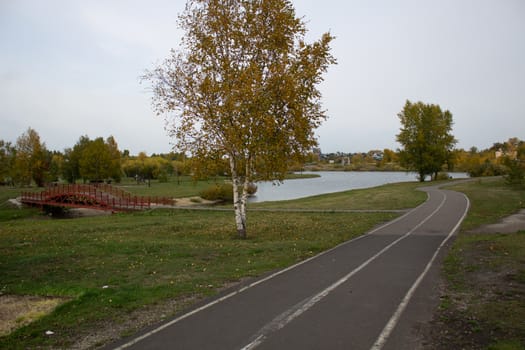 The road to the beautiful backdrop of the Park near the lake.