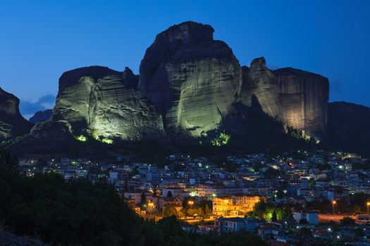 Kalambaka village in famous greek tourist destination Meteora in Greece in night
