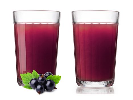 Faceted glasses (highballs) with blackcurrant smoothie. One glass alone, one with berries on foreground. Separate clipping paths for each glass, for berries and for shadows
