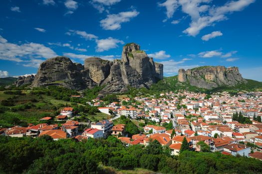 View of scenery landscape and Kalambaka village in famous greek tourist destination Meteora in Greece