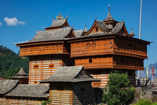 Bhimakali Temple dedicated to the mother goddess Bhimakali, Sarahan, Kinnaur, Himachal Pradesh, India. Traditional architecture of Himachal Pradesh - layers of woods are alternated with broken stones