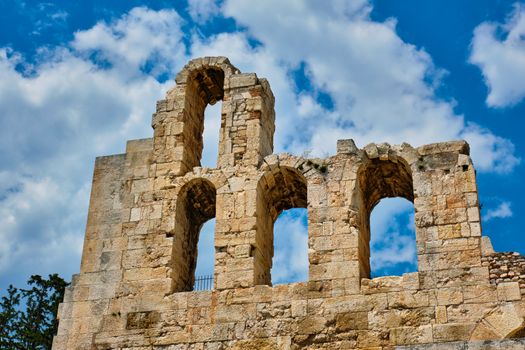 Ruins of Odeon of Herodes Atticus ancient stone Roman theater located on the southwest slope of the Acropolis hill of Athens, Greece. Athens, Greece