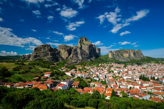 View of scenery landscape and Kalambaka village in famous greek tourist destination Meteora in Greece