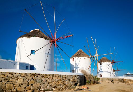 Scenic view of famous Mykonos town windmills. Traditional greek windmills on Mykonos island, Cyclades, Greece