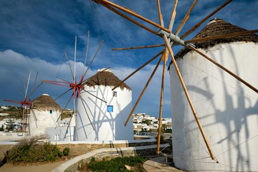 Scenic view of famous Mykonos town windmills. Traditional greek windmills on Mykonos island, Cyclades, Greece