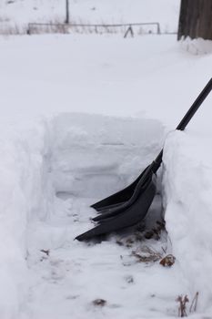 City service cleaning snow winter with shovel after snowstorm yard. sunlight.