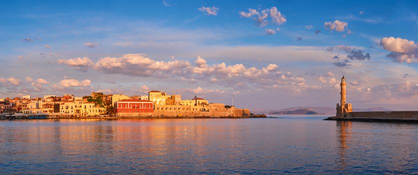 Panorama of picturesque old port of Chania is one of landmarks and tourist destinations of Crete island in the morning on sunrise. Chania, Crete, Greece