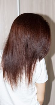 Woman's long straight chestnut hair. Smooth long hair