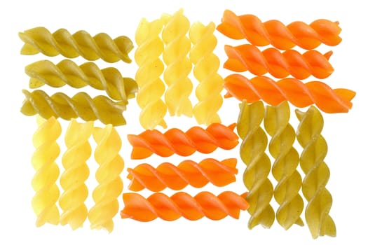 Fusilli tricolor pasta isolated on a white background.
