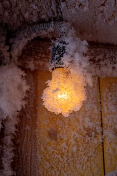 Snow crystals on a wooden wall and a light bulb