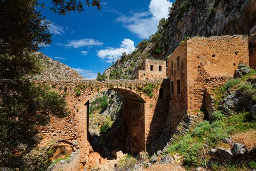 Riuns of abandoned Katholiko monastery church in Avlaki gorge, Akrotiri peninsula, Chania region on Crete island, Greece. Tracking shot