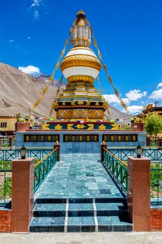 Buddhist gompa with prayer flags. Tabo monastry, Tabo, Spiti Valley, Himachal Pradesh, India