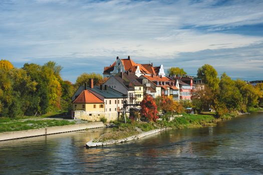 Old houses along Danube River in Regensburg, Bavaria, Germany