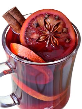 Winter drink mulled wine top view isolated on a white background.