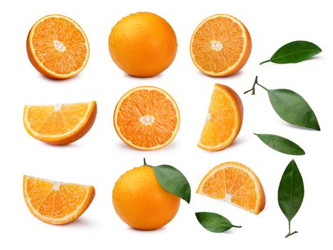 Set of whole, halved, quartered oranges and orange leaves. Separate clipping paths for both objects and shadows, infinite depth of field