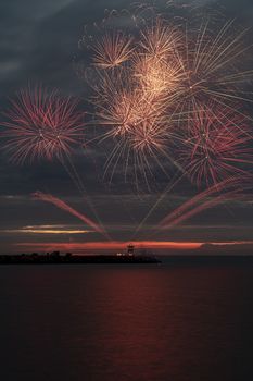 Fireworks launch at the pier of the Scheveningen harbor celebrating the Tall Ship Regatta in The Hague, Netherlands