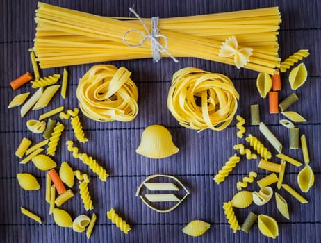 Set of pasta of various types of close-up on a bamboo napkin.