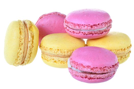Pink strawberry and peach macarons isolated on white background