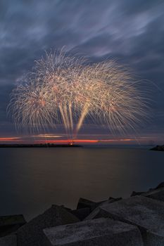 Fireworks launch at the pier of the Scheveningen harbor celebrating the Tall Ship Regatta in The Hague, Netherlands