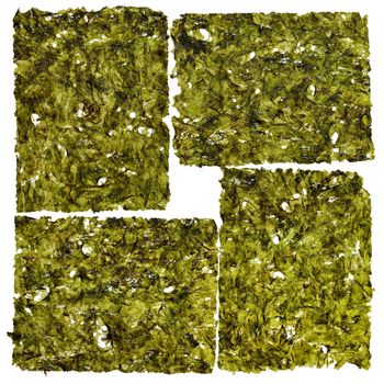 Korean food Crispy chips of nori fried kelp top view isolated on white background.