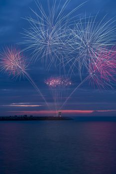 Fireworks launch at the pier of the Scheveningen harbor celebrating the Tall Ship Regatta in The Hague, Netherlands