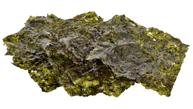 Korean food Crispy chips of nori fried kelp isolated on white background.