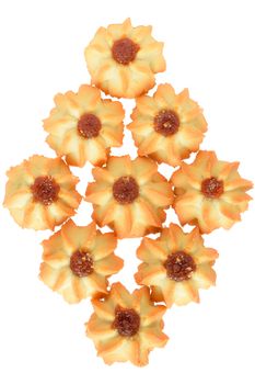 Shortbread with jam top view isolated on a white background.