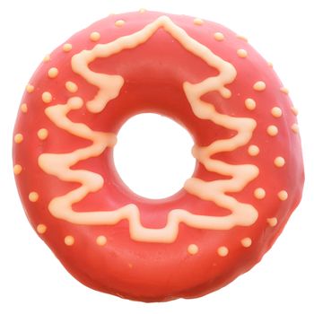 Donut in pink glaze with Christmas tree decor Isolated on a white background.
