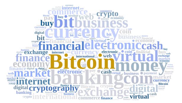 Illustration with word cloud relating to Bitcoin.